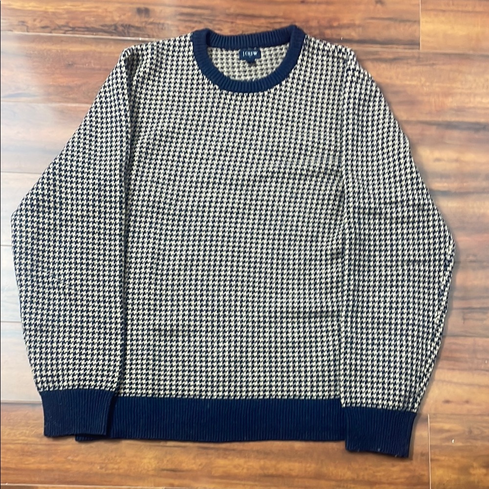 J. Crew Factory Blue and Tan Crewneck Sweater with Houndstooth Pattern